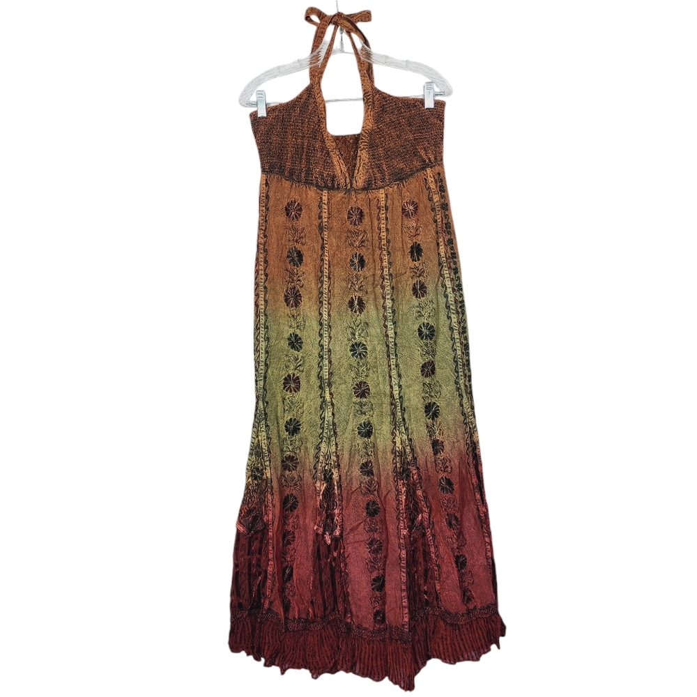 Shoreline Sz M (8) Halter Top Embroidered Ombre Tie Dye Fall Maxi Dress.